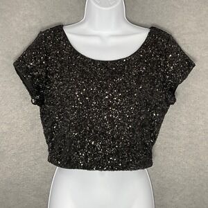 Express Sequin Top Party Sparkly‎ Crop Short Sleeve Blouse Black Size M